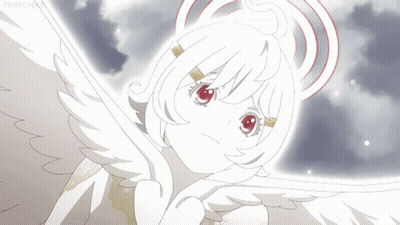 A Drawing Of A White Angel With Red Eyes And A Halo On Her Head GIF