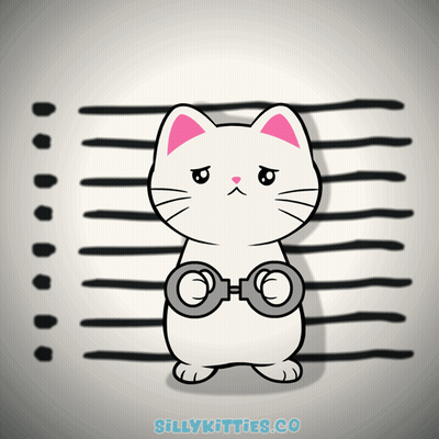 A Drawing Of A White Cat With Handcuffs And The Words Sillykitties.co Below It GIF