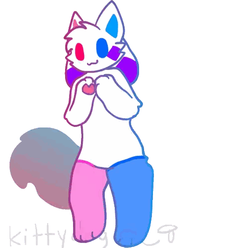 A Drawing Of A White Cat With Pink And Blue Pants And The Name Kitty On The Bottom Sticker