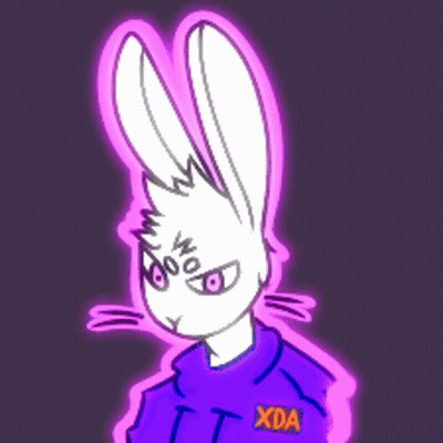 A Drawing Of A White Rabbit Wearing A Purple Hoodie With The Word Xda On It GIF