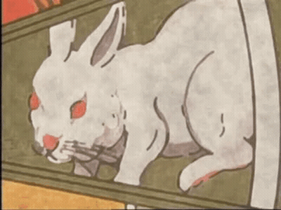 A Drawing Of A White Rabbit With Red Eyes Laying On A Table . GIF