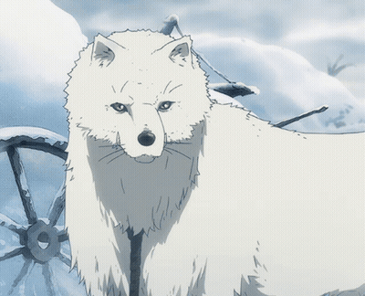 A Drawing Of A White Wolf Standing In Front Of A Wagon Wheel GIF
