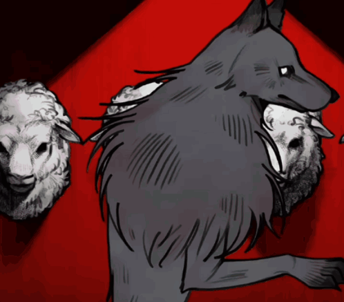 A Drawing Of A Wolf With Two Sheep Behind It GIF