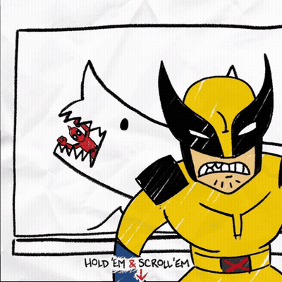 A Drawing Of A Wolverine Holding A Cat In His Hand GIF