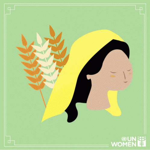 A Drawing Of A Woman Holding A Bowl Of Flowers With The Words " Un Women " Below It GIF