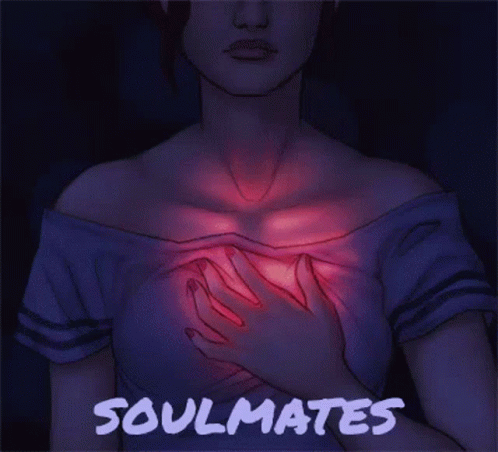 A Drawing Of A Woman Holding Her Chest With The Words Soulmates Written On The Bottom GIF