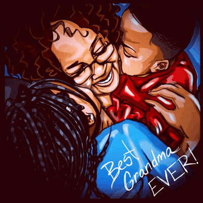 A Drawing Of A Woman Hugging Two Children With The Words Best Grandma Ever GIF