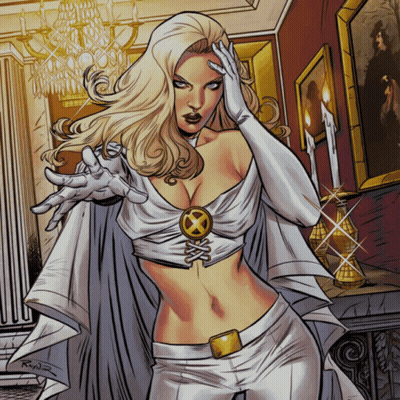 A Drawing Of A Woman In A White Cape With A Gold X On Her Chest GIF