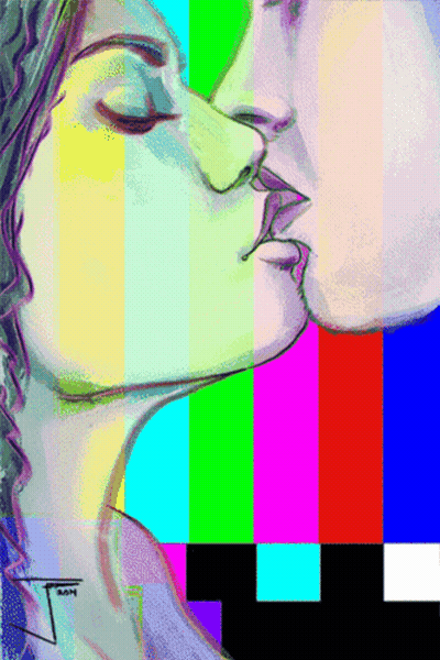 A Drawing Of A Woman Kissing A Man With The Letter T In The Corner GIF