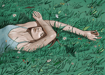 A Drawing Of A Woman Laying In The Grass With The Date 14441 On The Bottom GIF