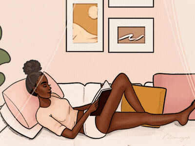 A Drawing Of A Woman Laying On A Bed Reading GIF