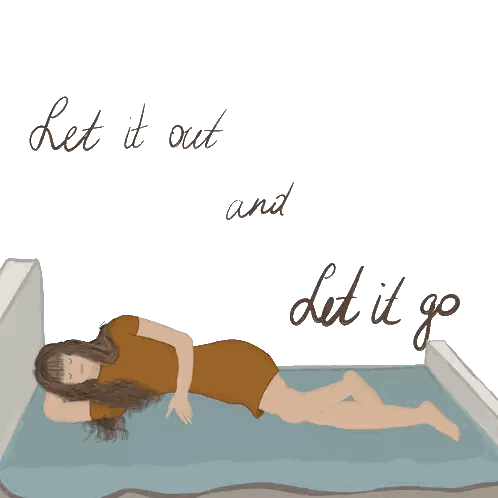 A Drawing Of A Woman Laying On A Bed With The Words Let It Out And Let It Go Below Her Sticker