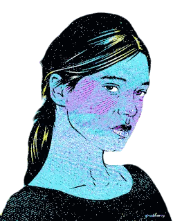 A Drawing Of A Woman 'S Face With A Ponytail And A Black Shirt With The Letters G And L On It Sticker