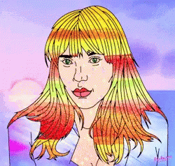 A Drawing Of A Woman 'S Face With A Sunset In The Background And The Name Patrick On The Bottom GIF