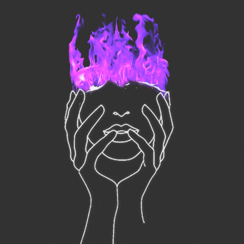 A Drawing Of A Woman 'S Face With Purple Flames Coming Out Of Her Head GIF