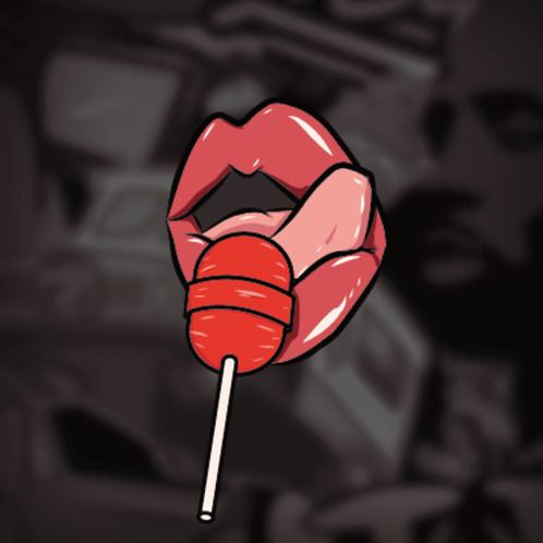 A Drawing Of A Woman 'S Lips With A Red Lollipop Sticking Out Of Them GIF