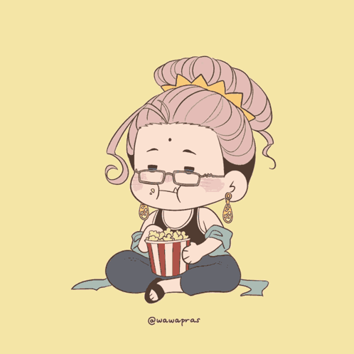 A Drawing Of A Woman Sitting On The Floor Eating Popcorn With The Watermark Wawapras GIF
