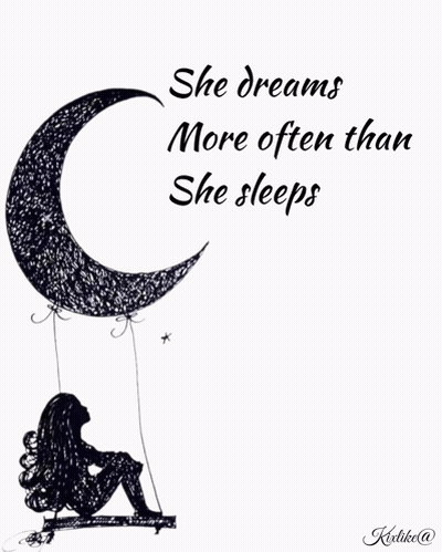 A Drawing Of A Woman Sitting Under A Crescent Moon With The Words She Dreams More Often Than She Sleeps Below It GIF