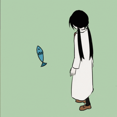 A Drawing Of A Woman Standing Next To A Small Blue Fish GIF