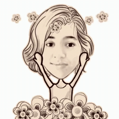 A Drawing Of A Woman Surrounded By Flowers With Her Hands Up . GIF