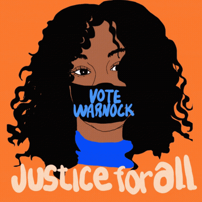 A Drawing Of A Woman Wearing A Black Mask That Says Vote Warnock On It GIF