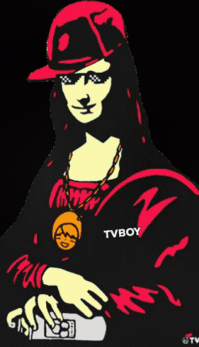 A Drawing Of A Woman Wearing A Purple Hat And Sunglasses With Tvboy Written On Her Sleeve GIF