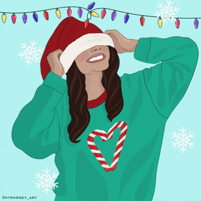 A Drawing Of A Woman Wearing A Santa Hat And A Candy Cane Heart GIF