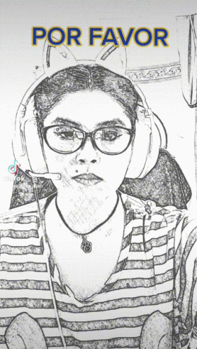 A Drawing Of A Woman Wearing Headphones And Glasses With The Words Por Favor Above Her GIF