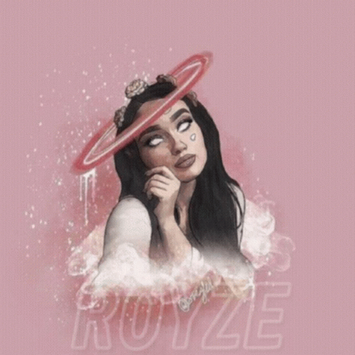 A Drawing Of A Woman With A Halo Around Her Head And The Name Royze GIF