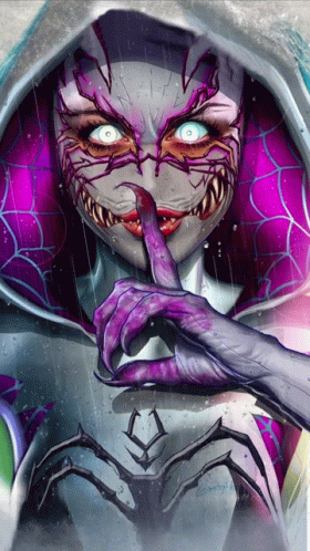 A Drawing Of A Woman With A Purple Face And A Spider Web On Her Head GIF