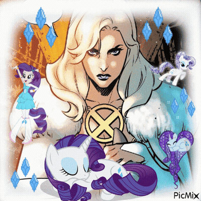 A Drawing Of A Woman With A X On Her Chest Is Surrounded By Ponies GIF