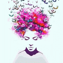 A Drawing Of A Woman With Birds Coming Out Of Her Hair . GIF