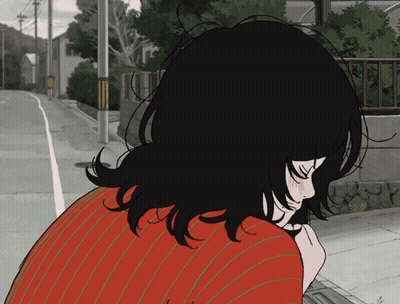 A Drawing Of A Woman With Black Hair And A Red Striped Shirt GIF