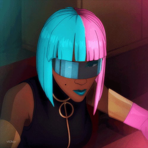 A Drawing Of A Woman With Blue And Pink Hair And The Name Vicky On The Bottom Right GIF