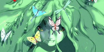 A Drawing Of A Woman With Butterflies And Dragonflies Around Her Face GIF