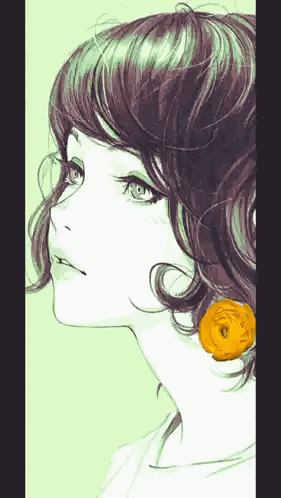 A Drawing Of A Woman With Green Eyes And A Yellow Flower In Her Ear Sticker
