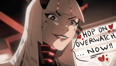 A Drawing Of A Woman With Horns And A Sign That Says Hop On Overwatch Now GIF
