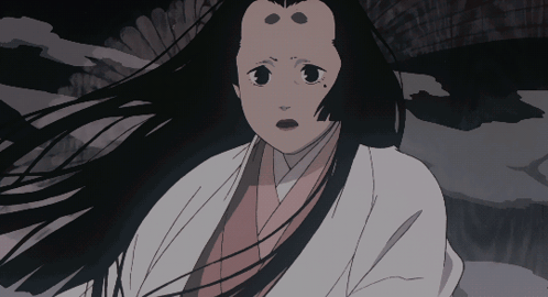 A Drawing Of A Woman With Long Black Hair And A White Kimono GIF