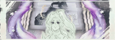 A Drawing Of A Woman With Long Hair Is Surrounded By Purple Swirls GIF