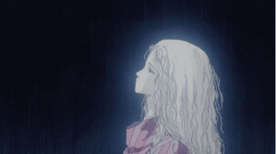 A Drawing Of A Woman With Long White Hair In The Dark GIF