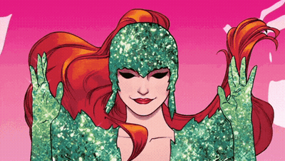A Drawing Of A Woman With Red Hair And A Green Costume GIF