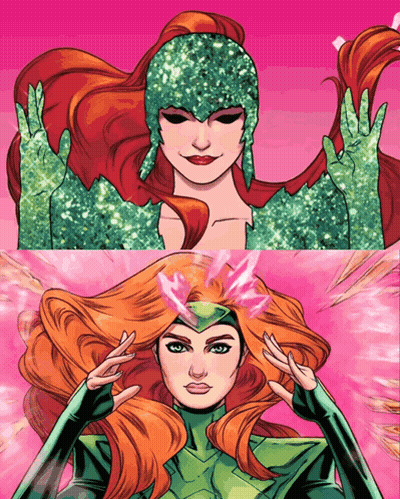 A Drawing Of A Woman With Red Hair And A Green Outfit GIF