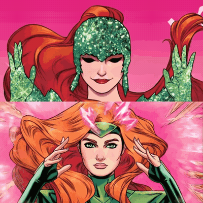 A Drawing Of A Woman With Red Hair And Green Gloves GIF