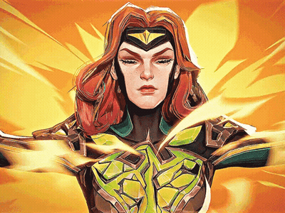 A Drawing Of A Woman With Red Hair Wearing A Green And Brown Armor GIF