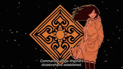 A Drawing Of A Woman With The Words " Commander Ohga Wajima 'S Dictatorship Is Established " Below Her GIF