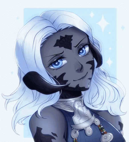 A Drawing Of A Woman With White Hair And Black Horns GIF