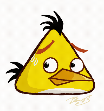 A Drawing Of A Yellow Angry Bird With A Black Feathered Head And A White Beak With The Letters B And B On It GIF