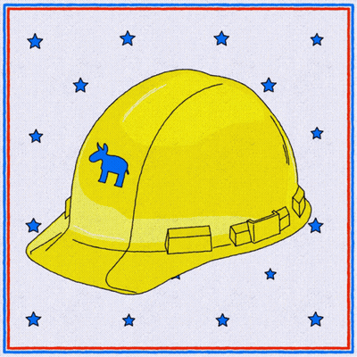 A Drawing Of A Yellow Hard Hat With A Blue Donkey On The Front GIF