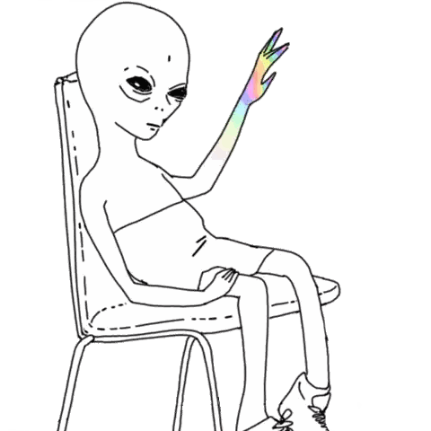A Drawing Of An Alien Sitting In A Chair With A Rainbow Hand Sticker