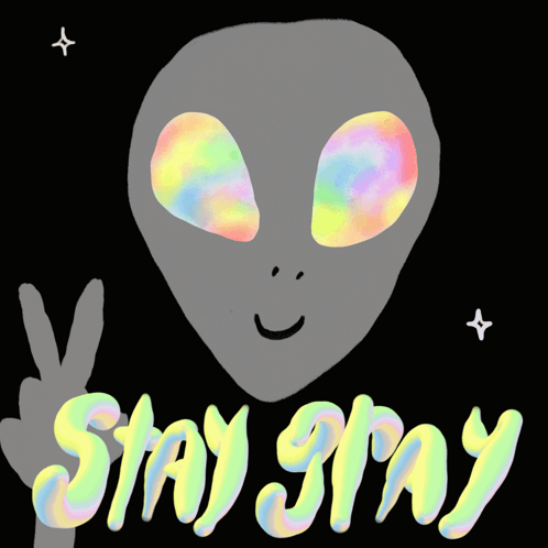 A Drawing Of An Alien With A Peace Sign And The Words Stay Gray GIF
